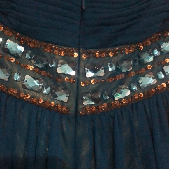 Caché emerald teal gown with neon yellow green lining, size 2 - Picture 9 of 11